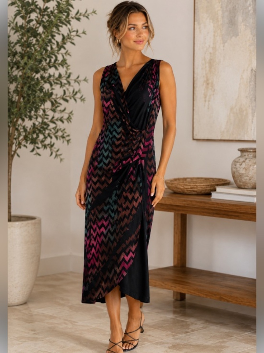 Heyne Bogut Vintage Chevron Draped Maxi Dress Size 2 Made in USA
